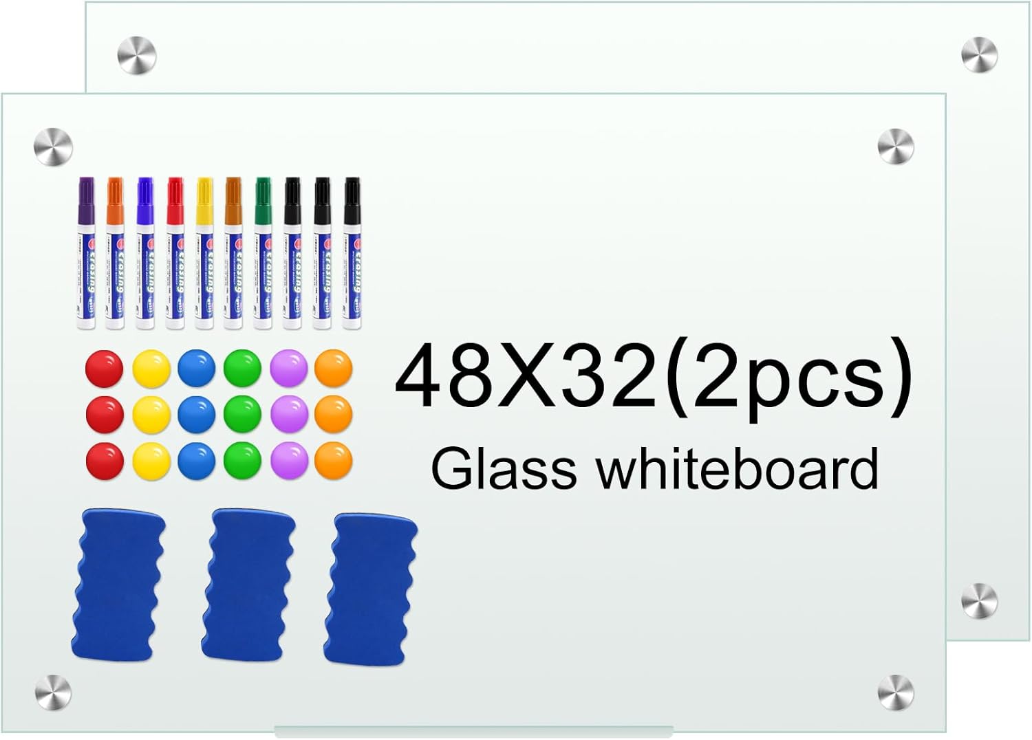48" x 32" (2pcs) Glass White Board for Wall Dry Erase Board Magnetic Presentation Whiteboard
