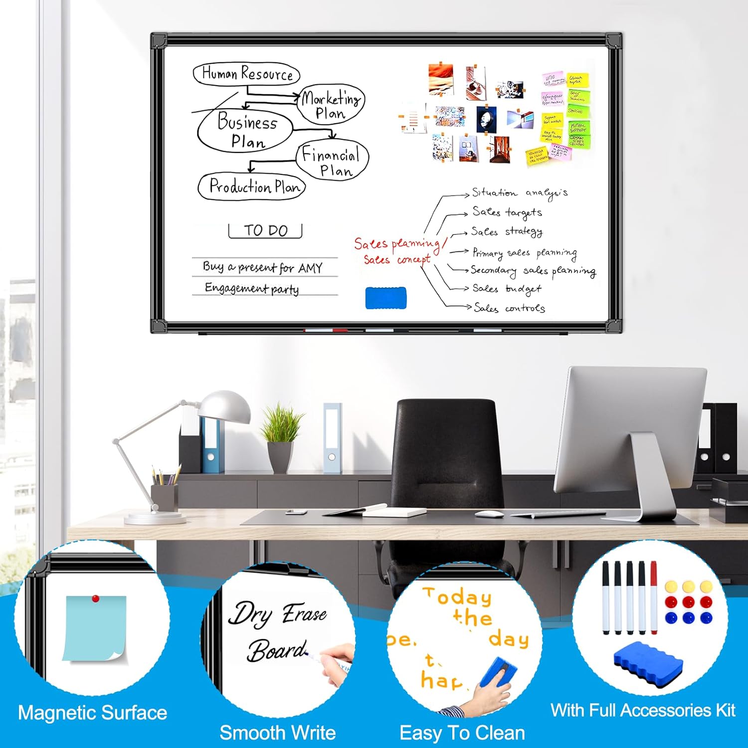 36"x24" White Board for Wall Double-Sided Magnetic Dry Erase Board with Black Aluminum Frame