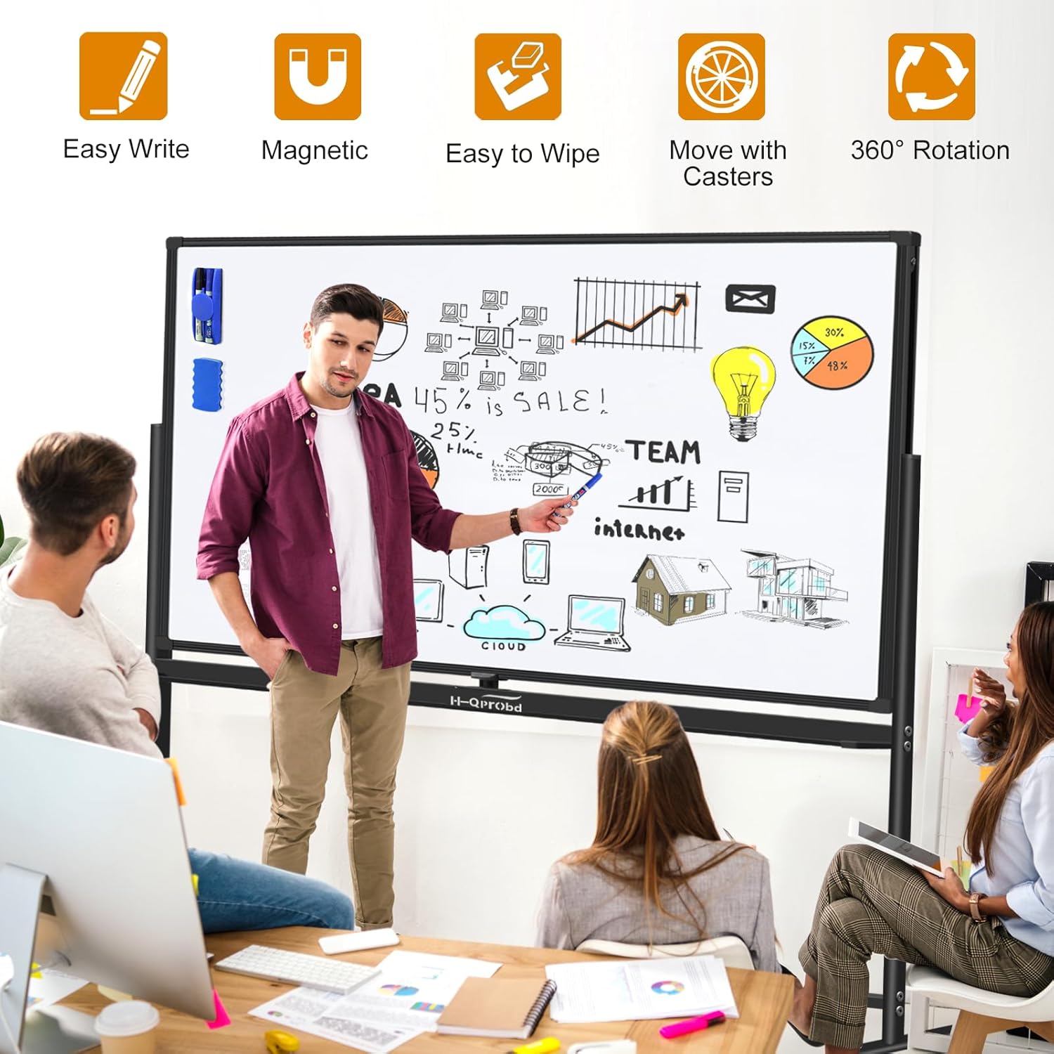 72"x40" Dry Erase Board with Stand Magnetic Mobile Whiteboard on Wheels