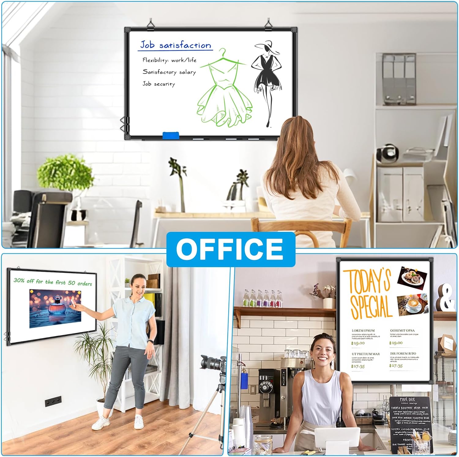 36"x24" White Board for Wall Double-Sided Magnetic Dry Erase Board with Black Aluminum Frame