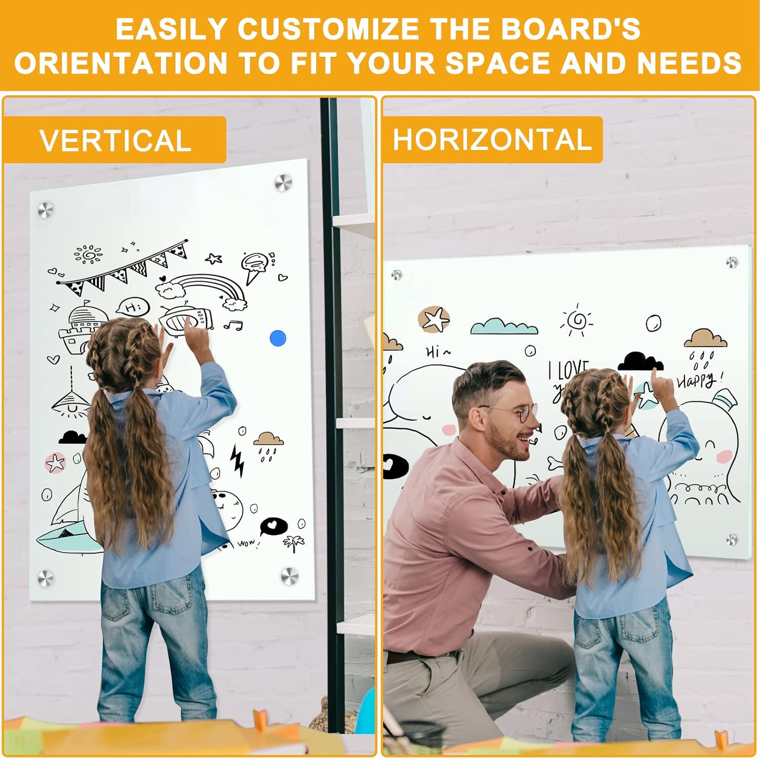 48" x 32" (2pcs) Glass White Board for Wall Dry Erase Board Magnetic Presentation Whiteboard