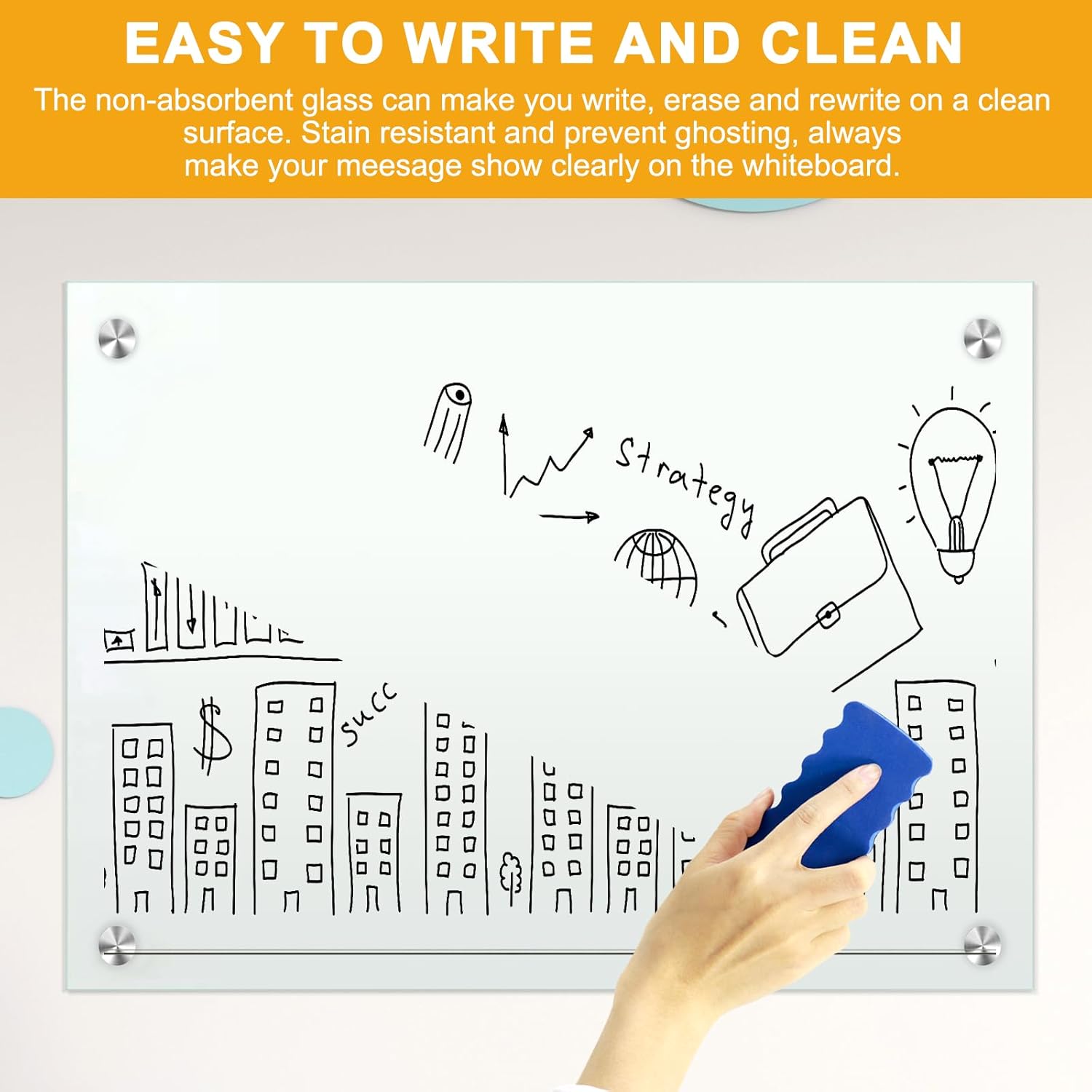60"x40"Glass Whiteboard Magnetic Dry Erase White Board for Wall