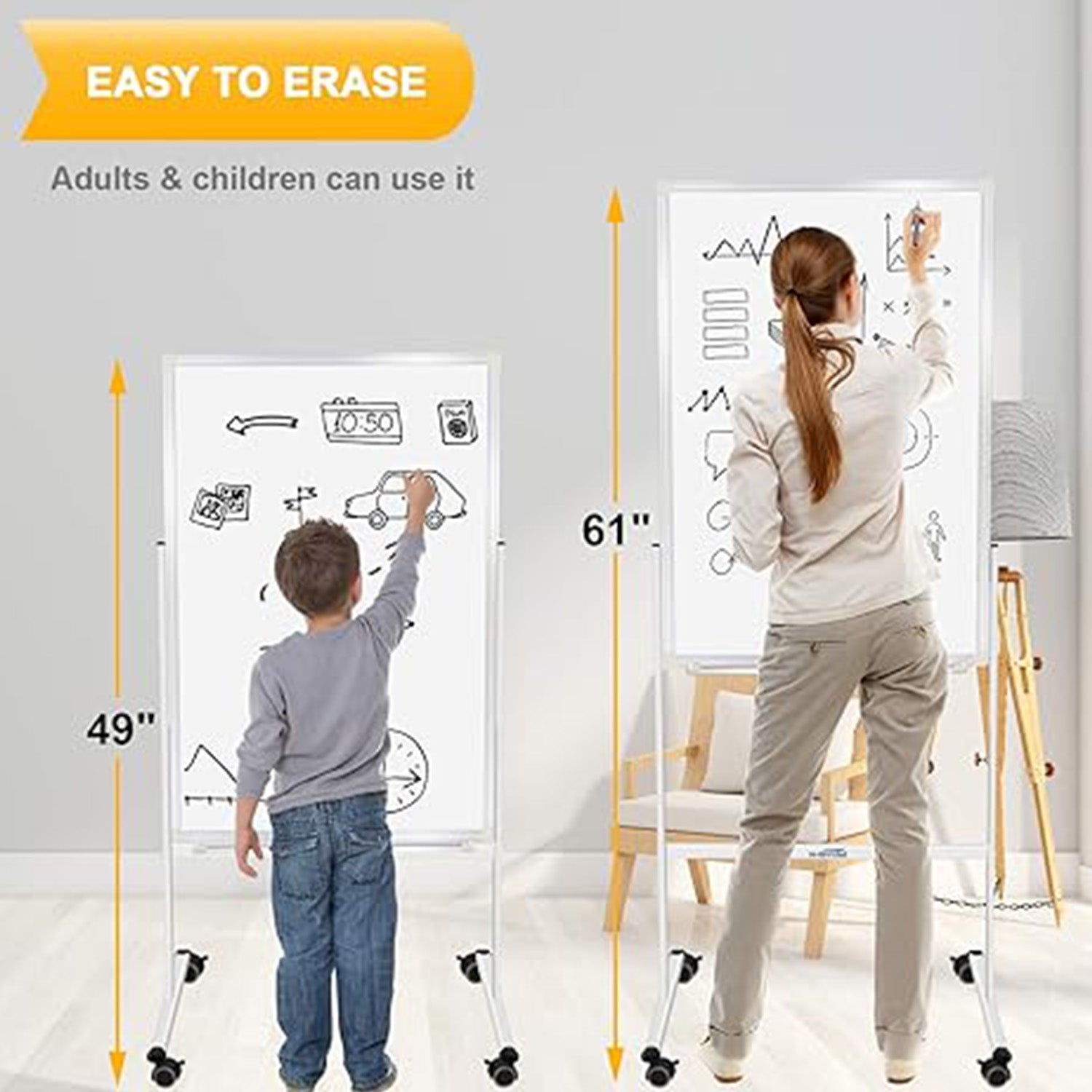 24"x36"Mobile Whiteboard Magnetic Dry Erase Board with Stand - Adjustable Height Double Side Rolling White Boards