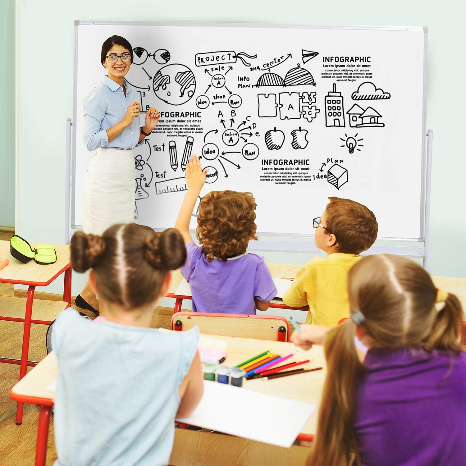 72"x40" Mobile Whiteboard Magnetic Dry Erase Board with Stand Double-Sided Rolling Whiteboard