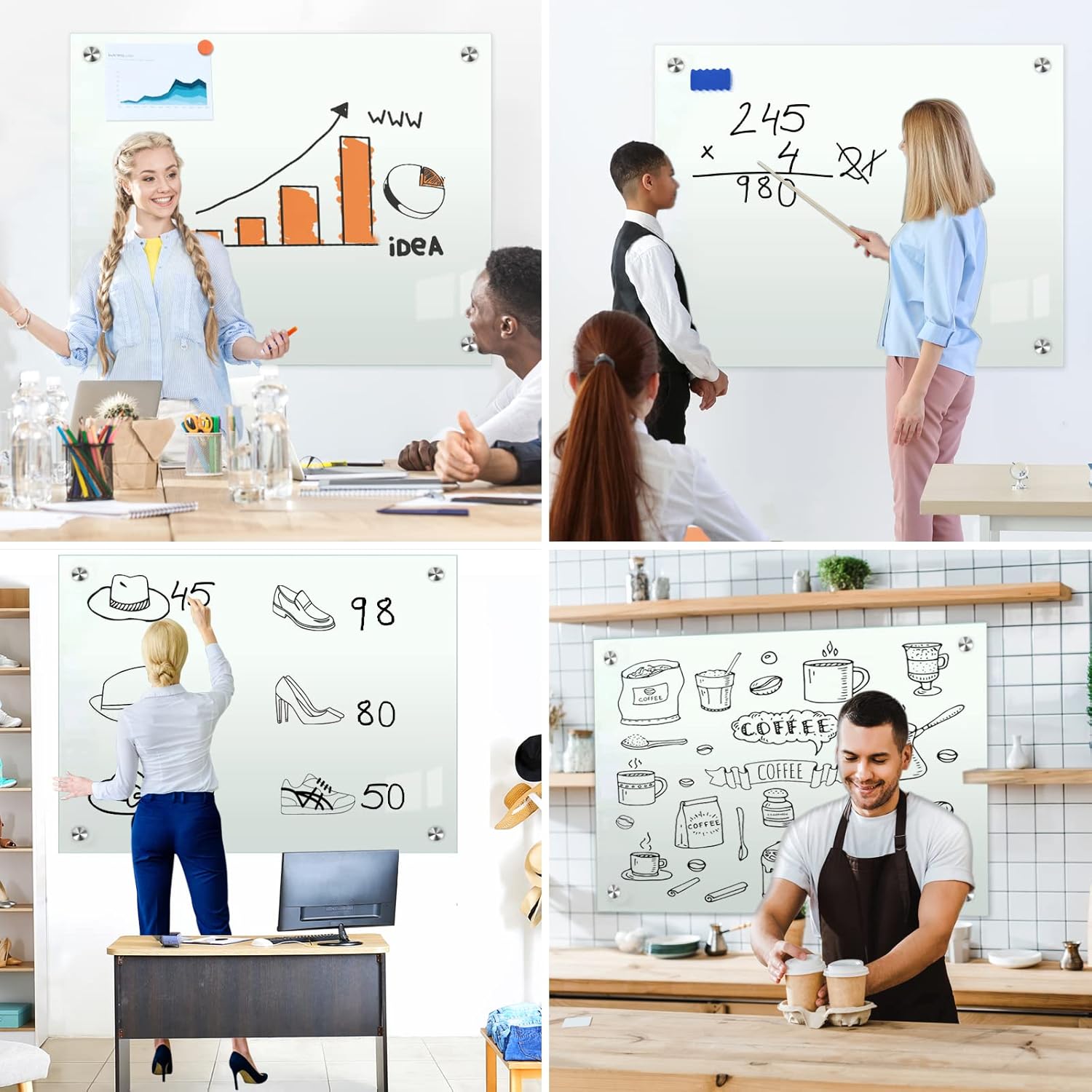 36" x 24" (2pcs) Glass White Board for Wall Dry Erase Board Magnetic Presentation Whiteboard