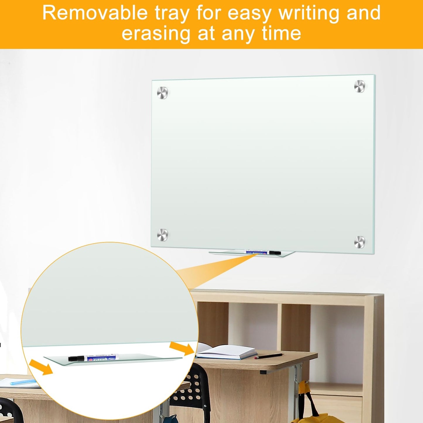 Glass Whiteboard 60"x40" Magnetic Dry Erase White Board for Wall, Includes 12 Magnets, 8 Markers and 2 Erasers