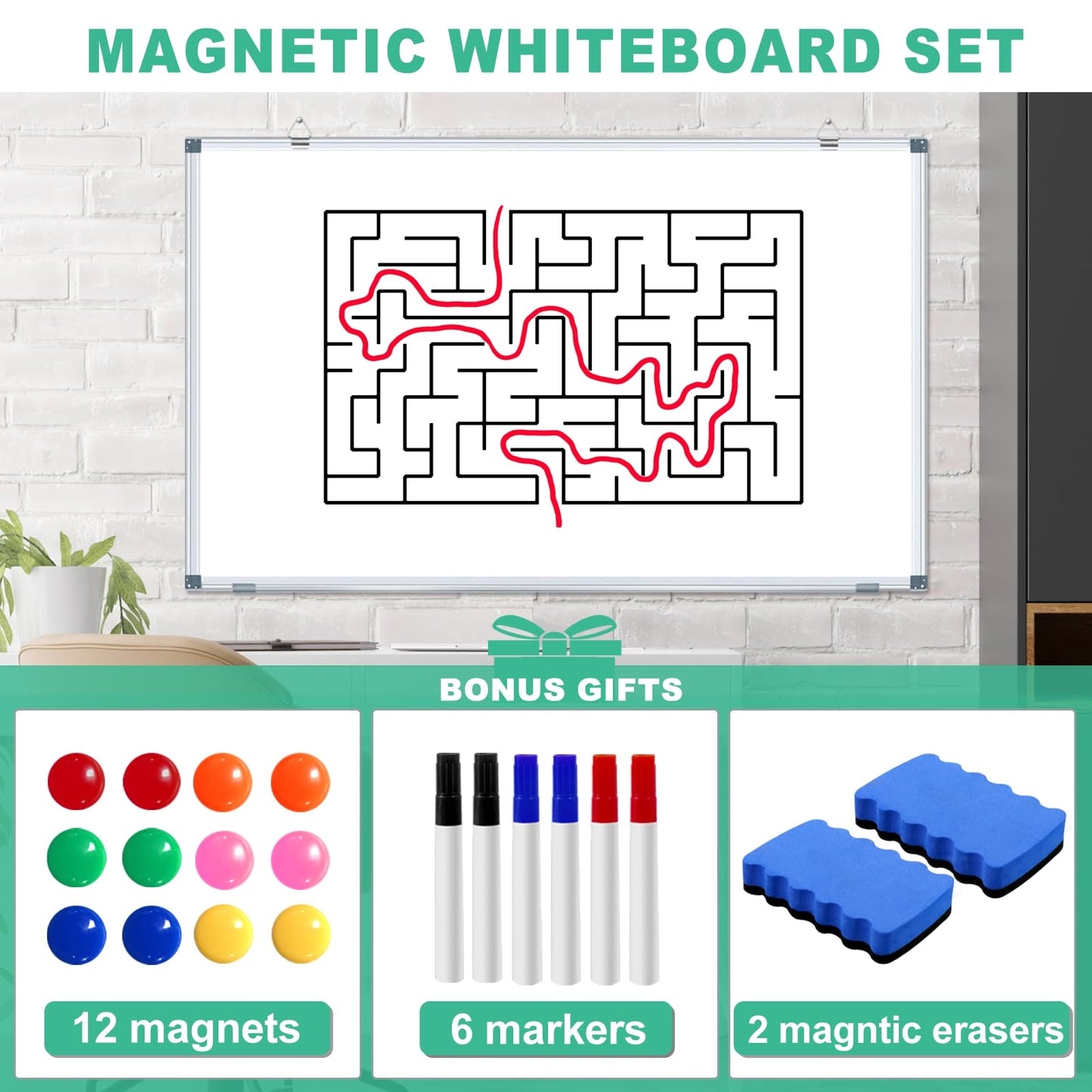 4' x 3' Whiteboard Dry Erase White Board for Wall 48x36 (2pcs) Magnetic Boards for Office Classroom & Home, Small Wall Whiteboard Including 6 Markers, 20 Magnets, 2 Erasers