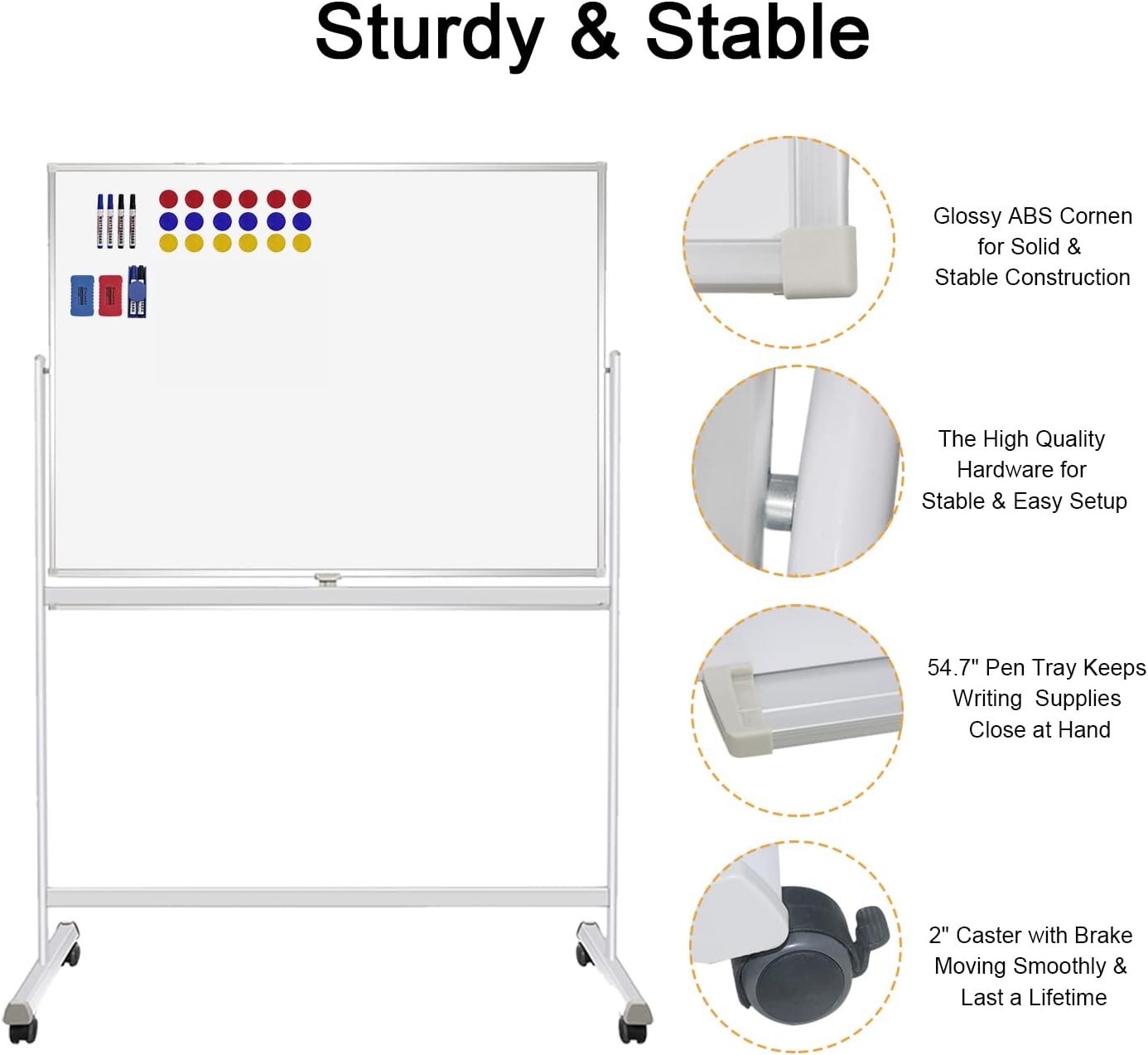 48"x36" Rolling Whiteboard with Stand Double-Sided Mobile Magnetic Dry Erase Board on Wheels