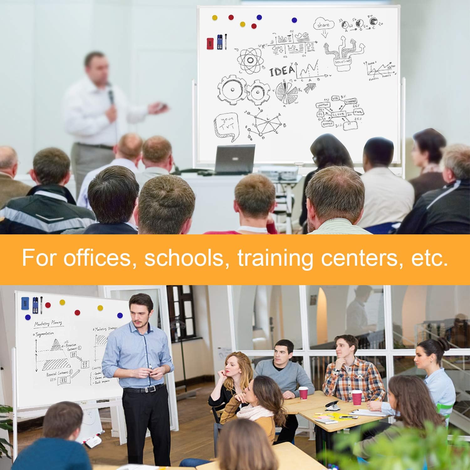 48"x36" Rolling Whiteboard with Stand Double-Sided Mobile Magnetic Dry Erase Board on Wheels