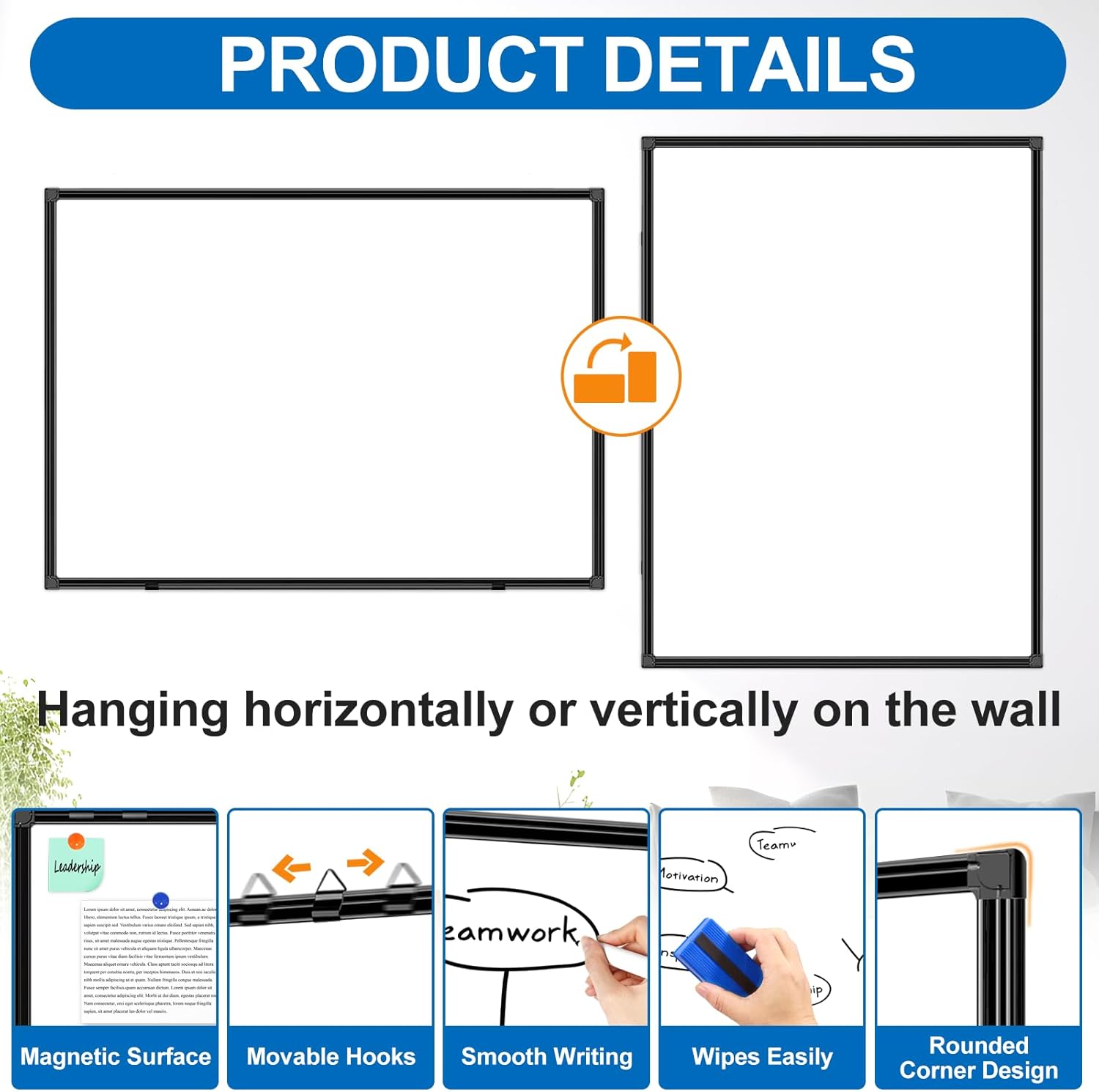 60"X40"Large Magnetic White Board Dry Erase Whiteboard with Black Aluminum Frame, Hanging White Boards for Wall