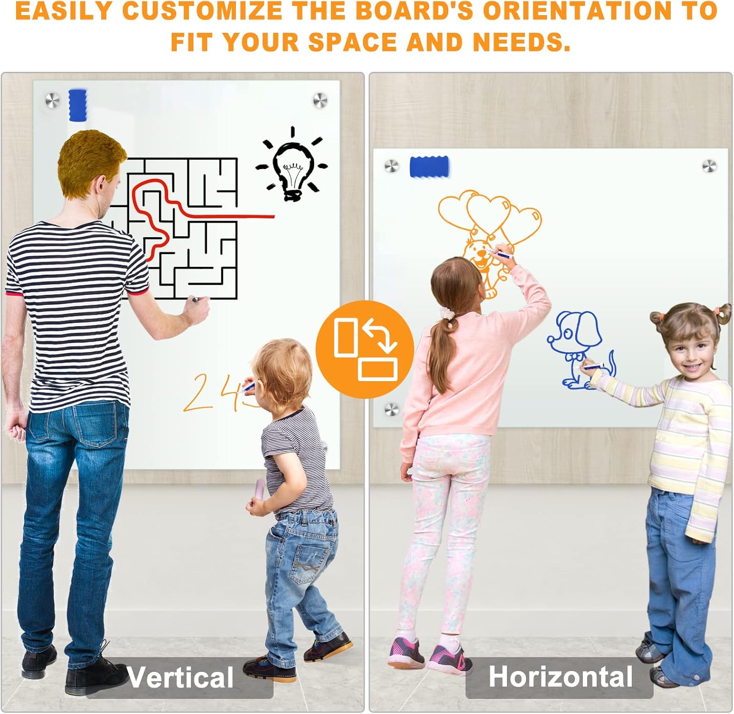 60"x40"Glass Whiteboard Magnetic Dry Erase White Board for Wall