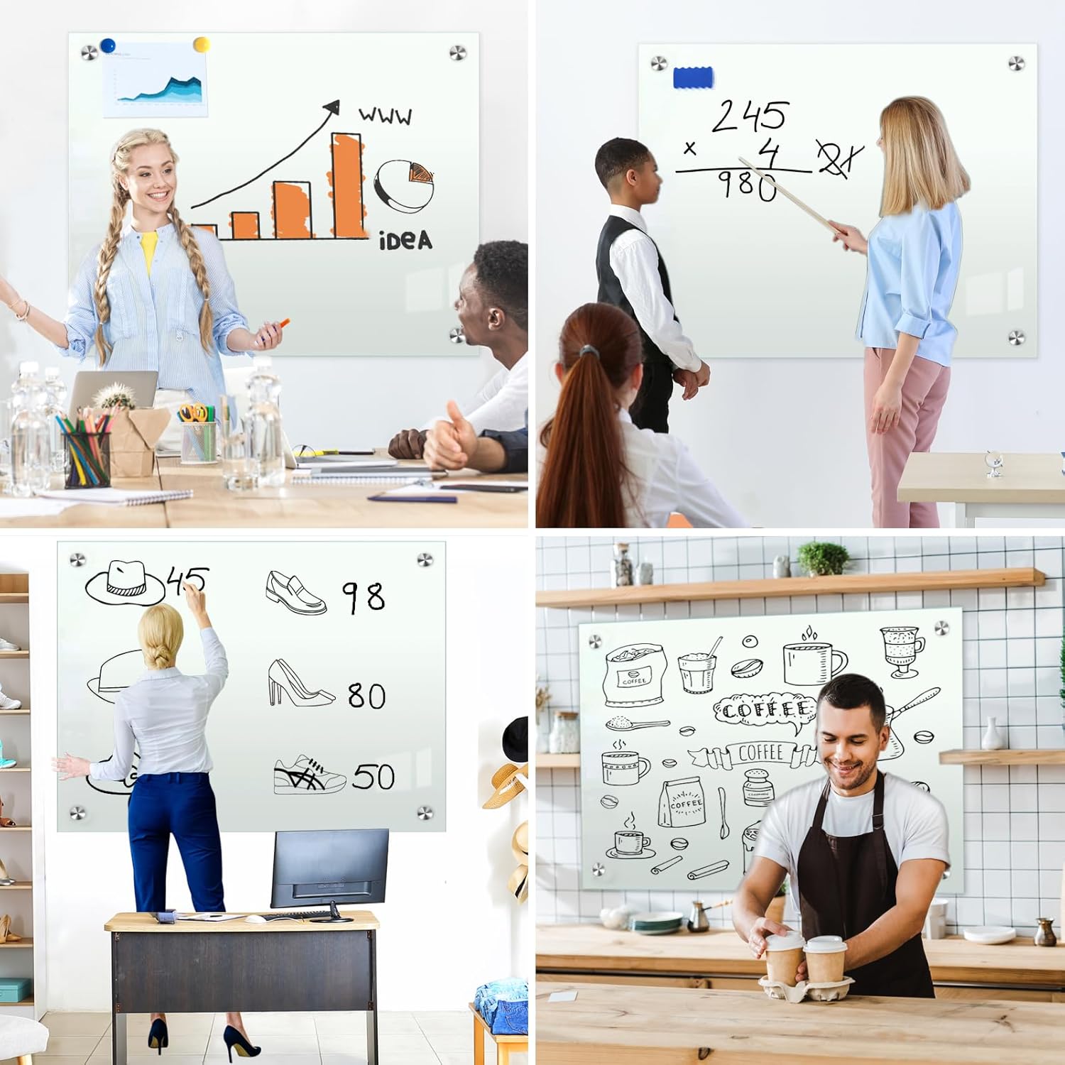 60"x40"Glass Whiteboard Magnetic Dry Erase White Board for Wall