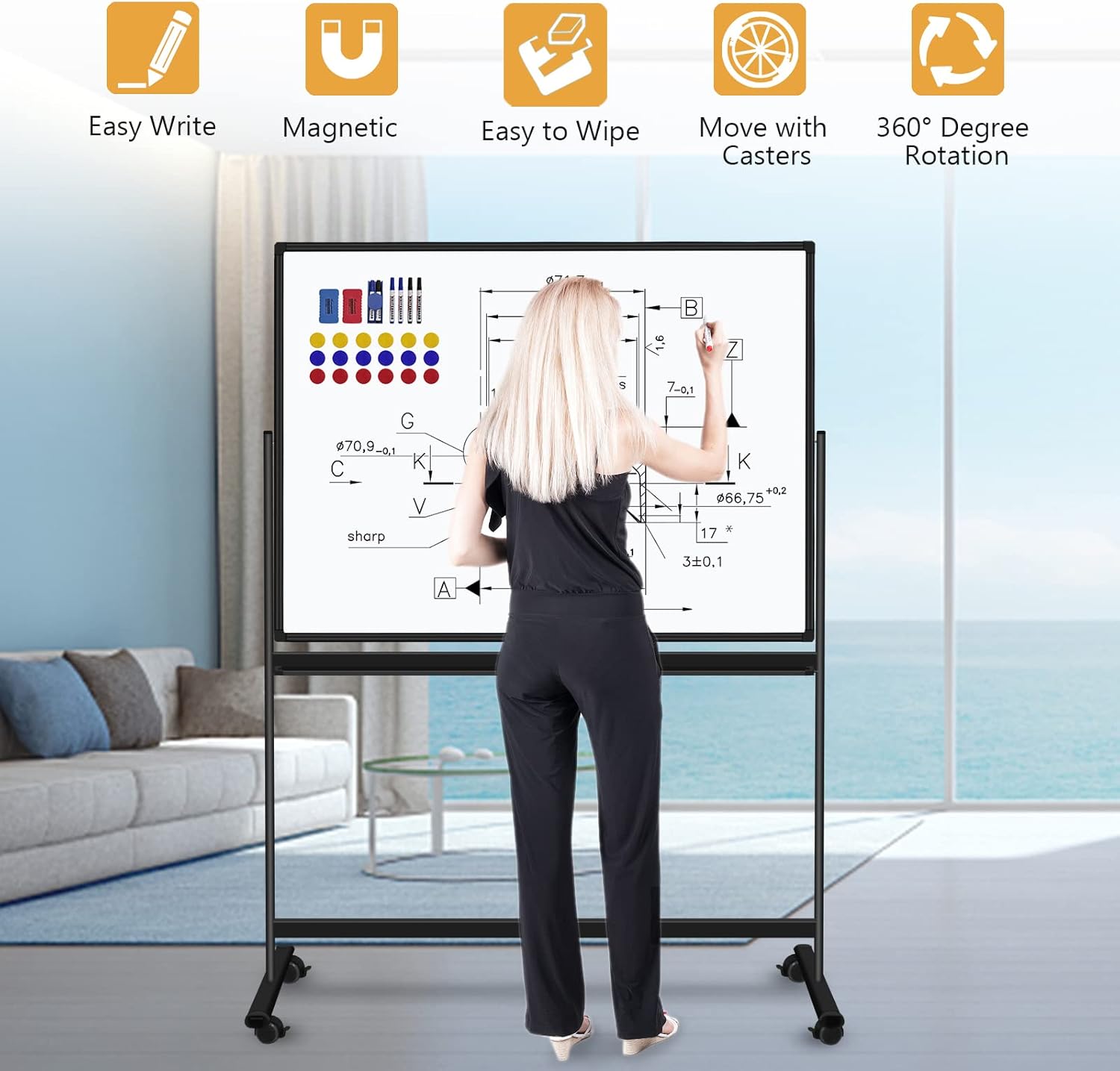 48"x36" Mobile Whiteboard Double-Sided Magnetic Dry Erase Board on Wheels