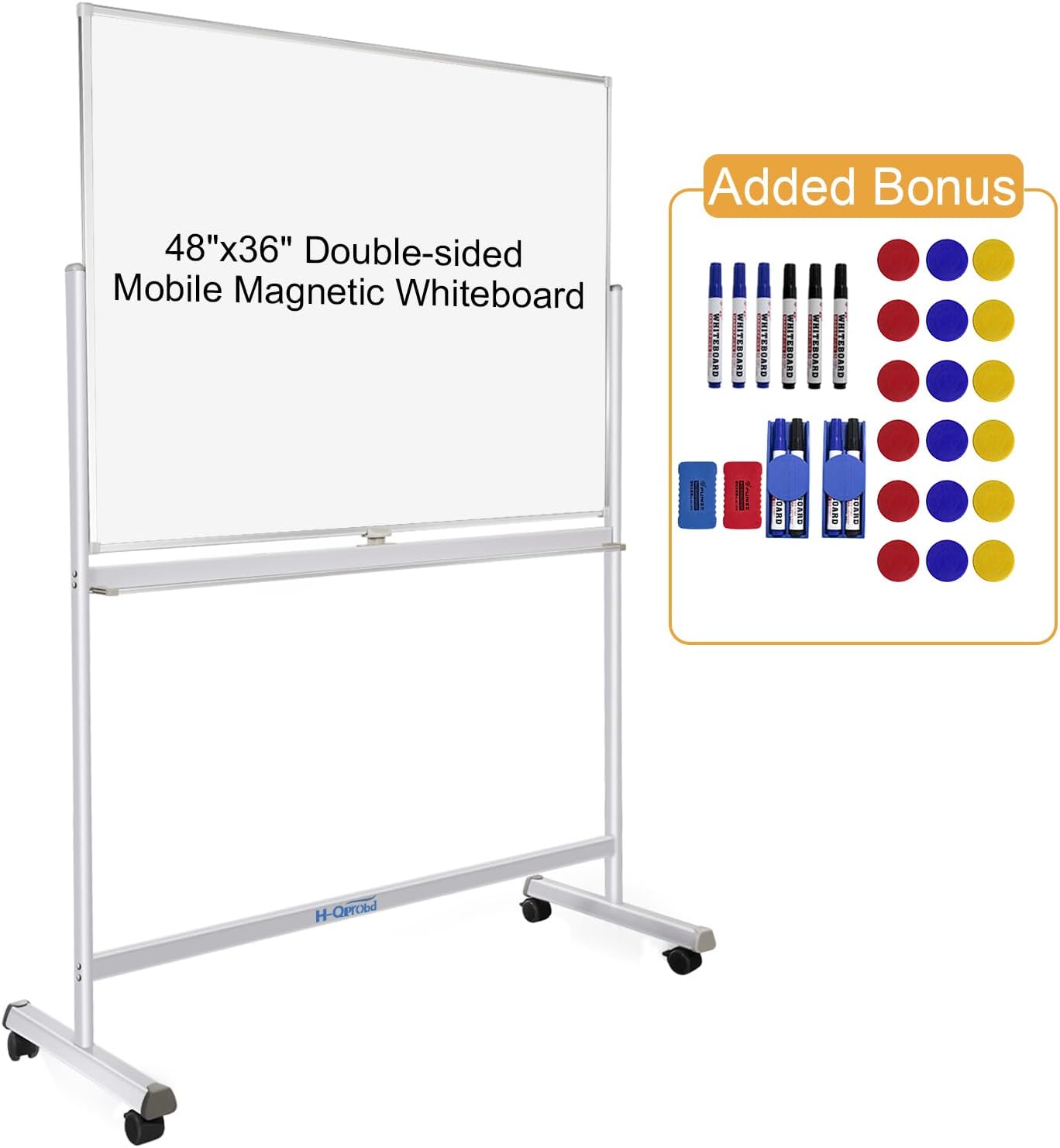 48"x36" Rolling Whiteboard with Stand Double-Sided Mobile Magnetic Dry Erase Board on Wheels